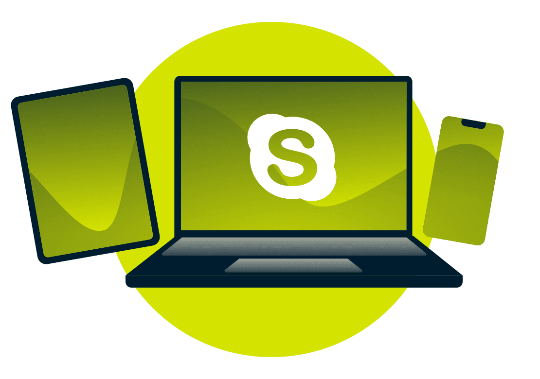 Un portatile, un tablet e un telefono, con il logo di Skype.